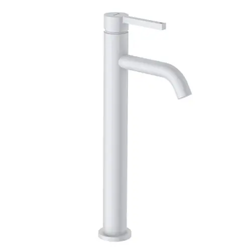 Weißer Wasserhahn von Kludi mit einem langen, geraden Auslauf und einem schlichten Hebel. Das Design ist minimalistisch und modern, geeignet für Waschbecken.